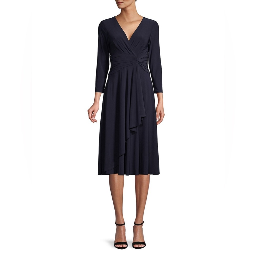 Eliza J Long Sleeve Faux Wrap Dress Navy Blue Size 8